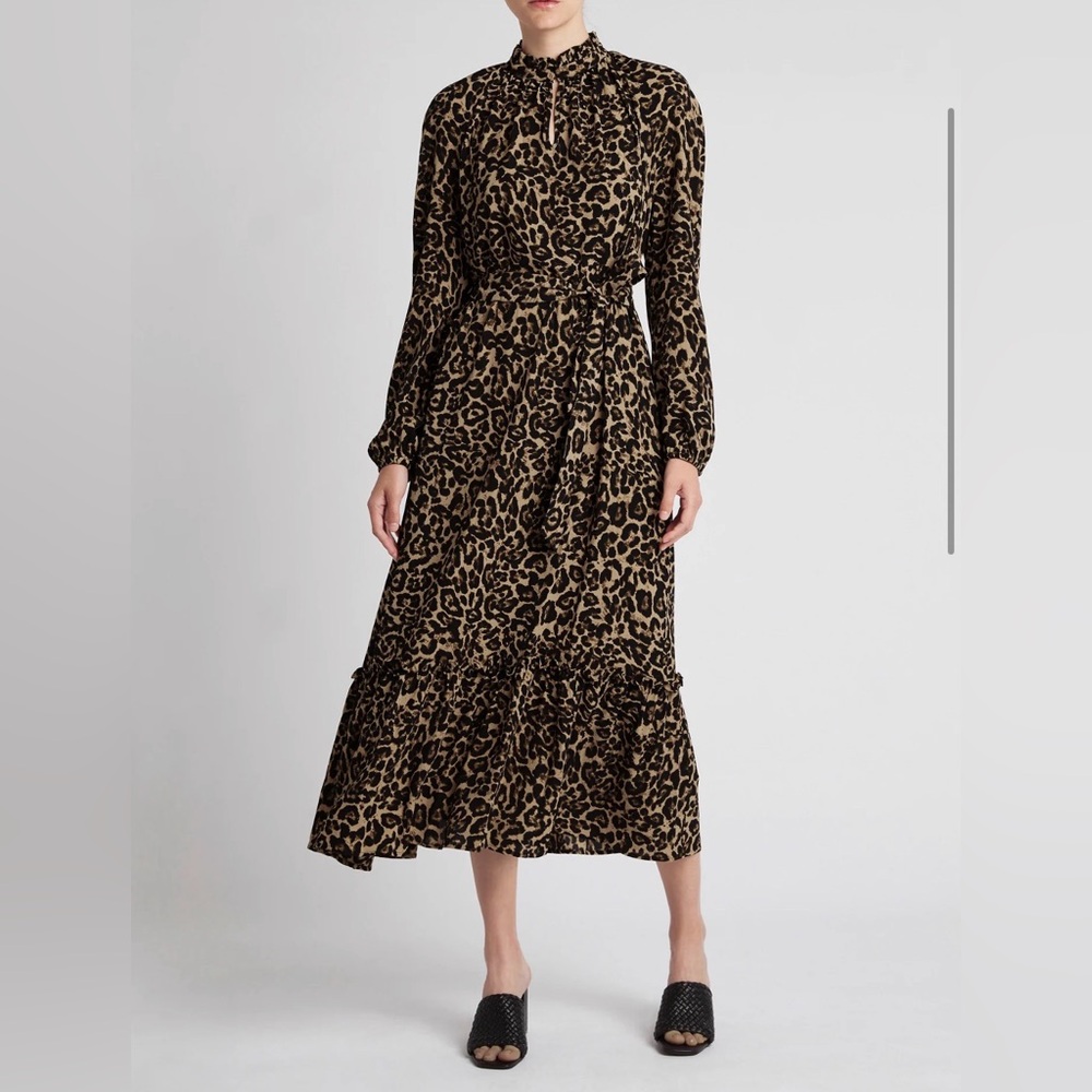 Leopard Print Long-Sleeve Midi Dress — Brown/Black